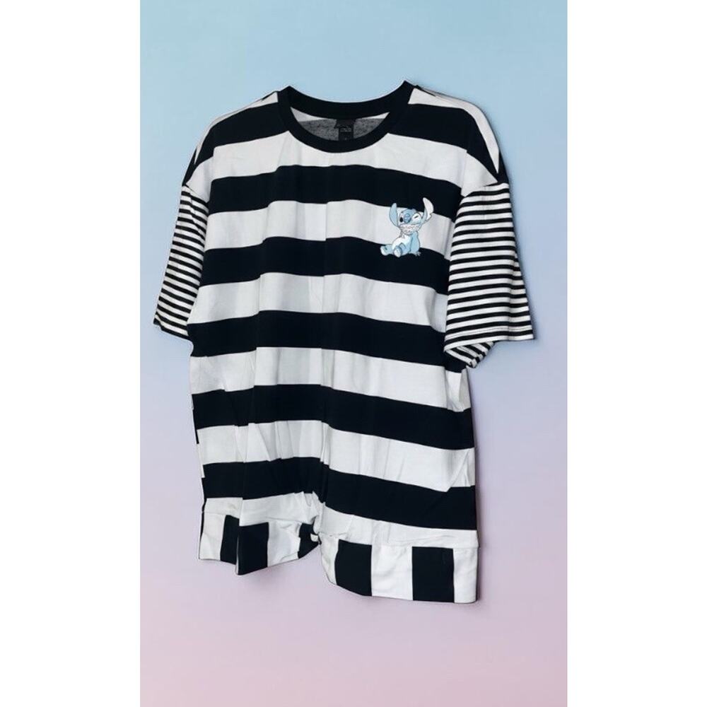 NWT Disney Stitch 80s Far Out Striped Knot Front Shirt Size L Large Womens